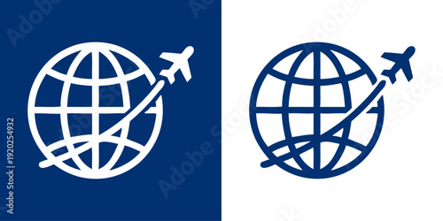 Logo agencia de viajes. Dibujo sencillo con líneas de un avión alrededor de un globo terráqueo en fondo azul y blanco 