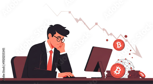 Depressed Investor Observing Cryptocurrency Market Crash Financial Loss Downturn Chart
