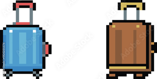 Retro pixel art travel suitcase set, 8-bit style blue and brown luggage icons for summer vacatio