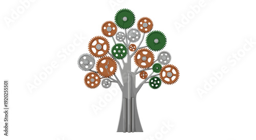 Innovative conceptual image featuring a tree with branches and foliage formed entirely by interlocking gears, symbolizing industrial growth and mechanical evolution.
