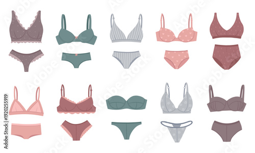 Bundle of female lingerie sets. A collection of underwear isolated on a white background. A hand drawn vector illustration