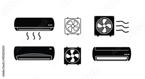 Various air conditioning units displayed in a bold black silhouette