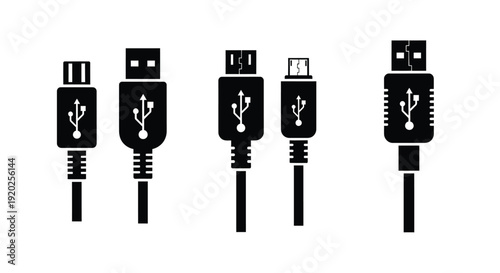 Various usb connector types displayed in a stark black silhouette
