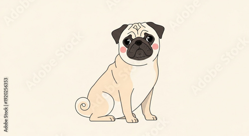 Cute Pug Dog Sitting with Blushing Cheeks on Beige Background