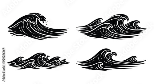Four stylized wave designs presented as a striking black silhouette