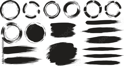 A collection of black and white brush strokes and shapes for graphic design