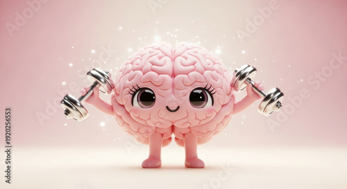 Pink Brain Character Lifting Dumbbells on Pastel Background, 3D Rendering