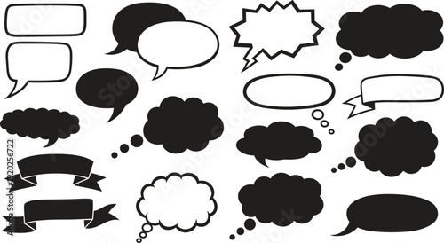 A collection of various comic book style speech bubbles and thought clouds in black and white for dialogue and text illustration