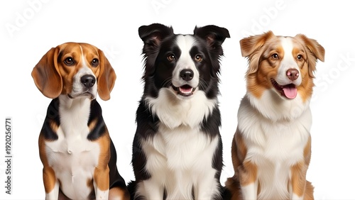 Three dogs sitting together on transparent background