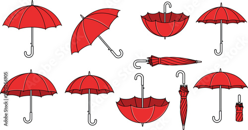 Professional vector illustration set of various red umbrellas in open, closed, and folded positions for weather and safety branding
