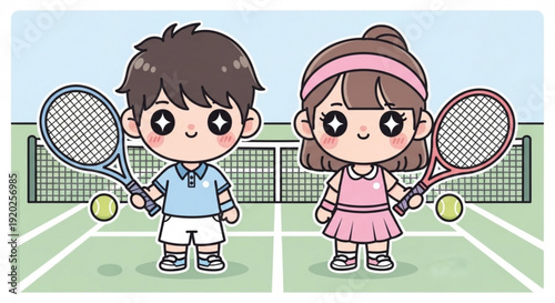 Cartoon Boy and Girl Tennis Players Standing on Court with Rackets
