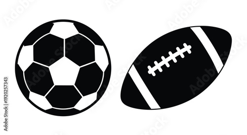 Four soccer balls in a minimalist black and white silhouette