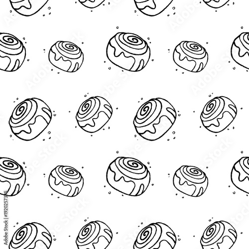 Cinnamon roll seamless pattern. Black hand-drawn silhouettes on white background