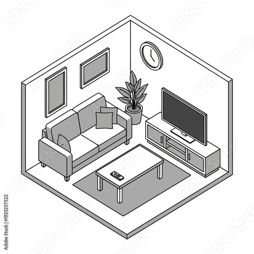 Isometric illustration of a modern minimalist living room interior with furniture and decor.