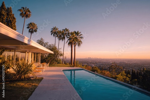 A contemporary home featuring a stunning pool and lush palm trees is nestled atop a hill, offering breathtaking views of a vibrant city at sunset near Los Angeles.