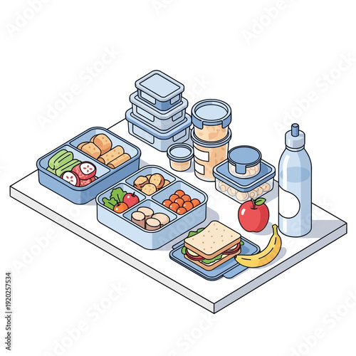 Assorted healthy meal prep containers with fresh fruits and sandwiches.