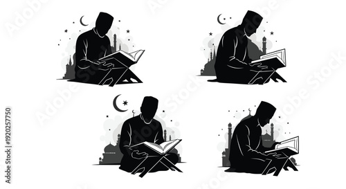 Four panels depicting people reading under a moonlit sky silhouette
