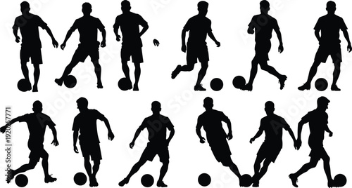 Black silhouettes of men playing soccer with balls white background