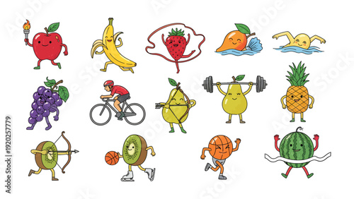 Dynamic Fruits in Motion: A collection of lively, animated fruit characters engaged in various sports and fitness activities, radiating energy and promoting a healthy lifestyle.