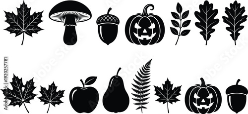 Autumn Halloween Silhouette Collection with Maple Leaves, Pumpkin, Acorn, Mushroom and Forest Elements, Black Fall Harvest Icons Isolated on White
