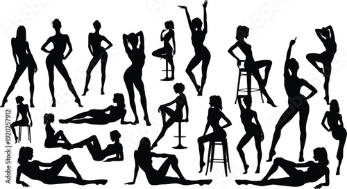 Black silhouettes of women in various poses white background