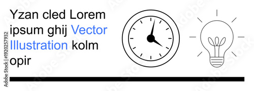 Time management, innovation, productivity, brainstorming, creative thinking, business strategies. Black clock and lightbulb with placeholder text elements. Time management and innovation