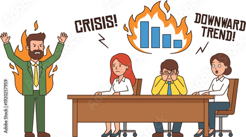 Business Crisis and Downward Trend Concept Illustration with Angry Manager in Flames and Stressed Employees at Office Meeting