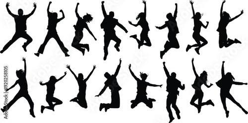 Black silhouettes of people jumping with arms raised on white background
