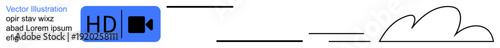 Streaming services, cloud storage, digital media, online communication, technology, content sharing. Blue HD button and video icon linked to a cloud outline. Streaming services and cloud storage