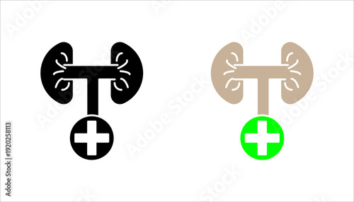 Minimal line icon set. of kidneys connected with a medical cross symbol, representing kidney health, medical treatment, and healthcare services.