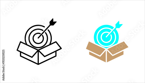 Line icon set. of a target with arrow emerging from an open box, representing goal achievement, business success, strategy execution, and performance results.