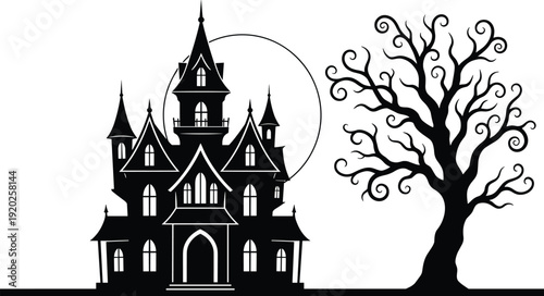 Gothic Haunted Castle Silhouette with Twisted Tree and Full Moon, Dark Halloween Night Illustration, Spooky Fantasy Landscape Background Art