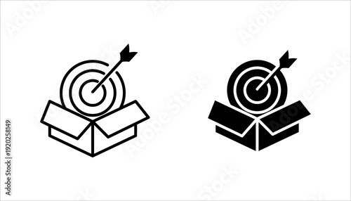 Line icon set. of a target with arrow emerging from an open box, representing goal achievement, business success, strategy execution, and performance results.