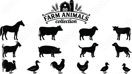 Farm animals silhouette collection, livestock vector set including cow, horse, pig, goat, sheep, chicken and duck, rural agriculture illustration