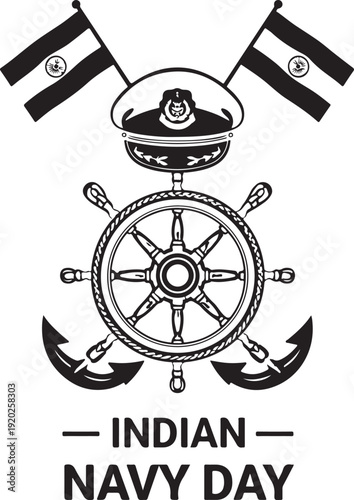 Indian navy day celebration emblem with flags and naval insignia