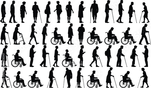 Black silhouettes of people with various mobility aids on white background elderly