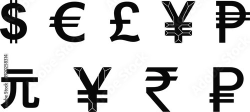 Collection of black global currency symbols including dollar euro pound yen yuan rupee and peso for international business trade.