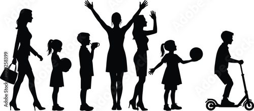 Black silhouettes of people walking riding scooter and playing children adults