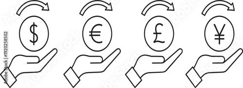 Global currency exchange line icons with dollar euro pound and yen symbols over hands for international finance concepts.