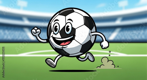Smiling Soccer Ball Character Running on Football Field in Cartoon Style