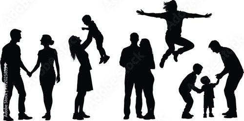 Black silhouettes of people in various poses and interactions white background family