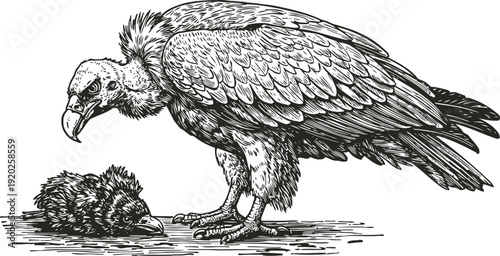 Detailed illustration of a vulture standing next to a dead bird carcass on the ground