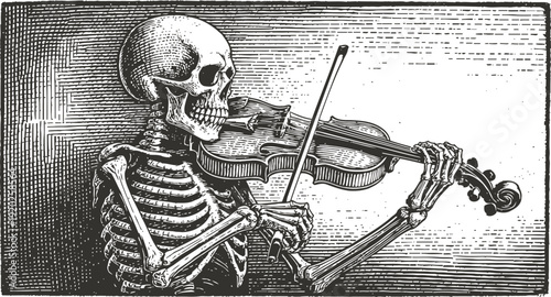 Vintage engraving of a skeleton playing violin with detailed skull and ribs in black and white