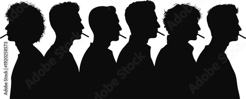 Five men silhouettes smoking cigarettes black