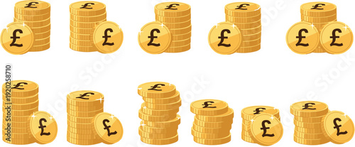 Stacks of shiny gold British pound sterling coins vector illustration for financial growth wealth and banking investment concepts.
