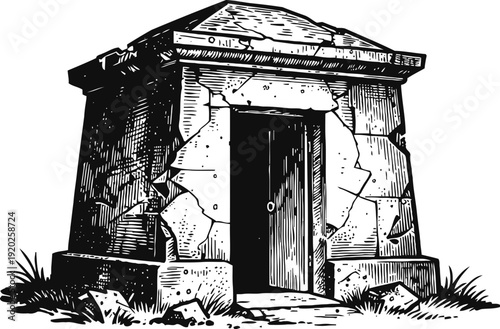 Ancient stone mausoleum with cracked walls and partially open wooden door, surrounded by grass and rubble