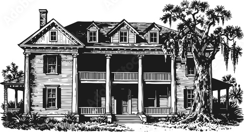 Classic southern mansion with large porch and columns surrounded by tall trees and shrubs