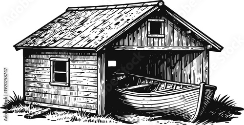 Wooden boathouse with a small rowboat inside on grassy ground, rustic fishing cabin illustration