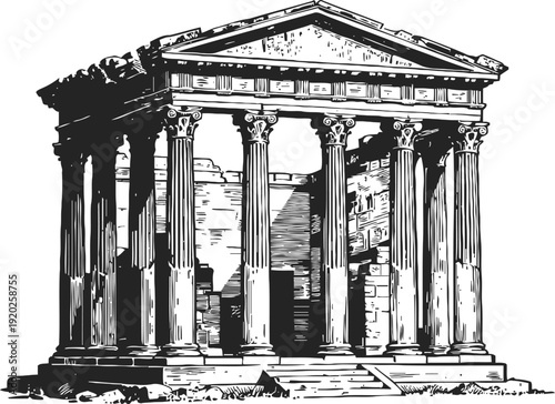 Ancient greek temple ruins with corinthian columns and detailed architectural elements in black and white