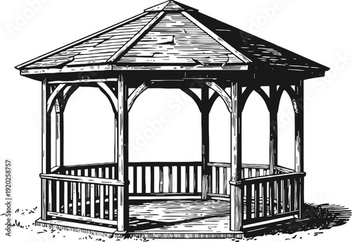 Wooden gazebo with railing and roof, outdoor shelter structure in vintage sketch